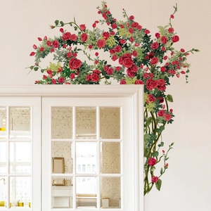 Romantic red rose vine wall stickers for door frame and home wall decoration
