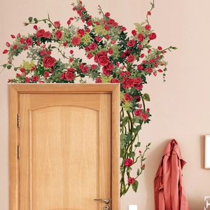 Self-adhesive red rose vine wall stickers for home decoration on door frames and walls
