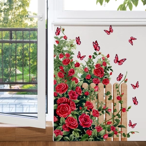 Pegatinas de pared de jardín con rosas rojas, valla de madera y mariposas en pared blanca
