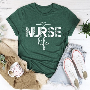 Detail of NURSE Life leopard print graphic on dark green cotton crew neck t-shirt