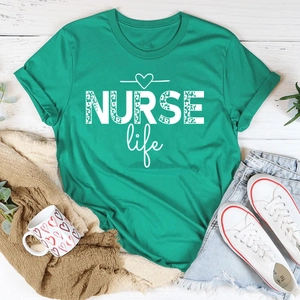Flat lay of emerald green cotton t-shirt with NURSE Life leopard print text design