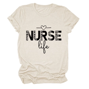 Detail of NURSE Life leopard print graphic on beige cotton blend short sleeve t-shirt