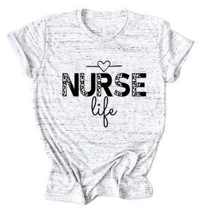 Detail of NURSE Life leopard print graphic on heathered gray crew neck t-shirt