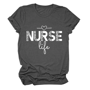 Detail of NURSE life print with leopard pattern and heart on dark grey cotton t-shirt