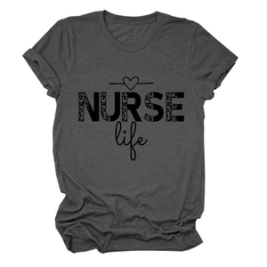 Close-up of charcoal grey T-shirt with leopard print NURSE life text and heart detail