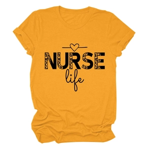 Close-up of NURSE Life leopard print lettering on yellow short sleeve cotton t-shirt