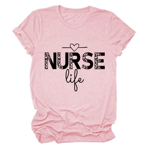 Detail of pink cotton t-shirt with leopard print NURSE Life lettering and heart graphic
