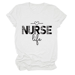 Detailed view of white cotton T-shirt featuring leopard print NURSE Life lettering