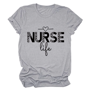 Detail of NURSE Life leopard print graphic on casual grey cotton blend crewneck t-shirt