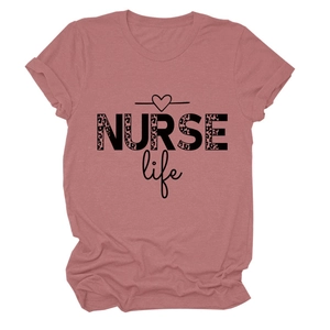 Detail of the leopard print NURSE life letter print on a rose pink cotton blend t-shirt