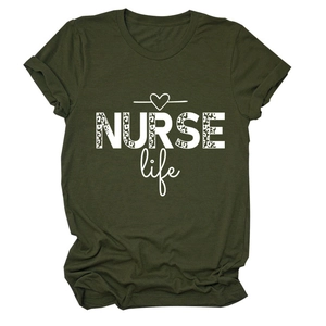 Detail of NURSE life text with leopard print texture on dark green t-shirt fabric