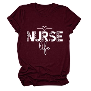 Detailed close-up of burgundy cotton t-shirt with leopard print NURSE life graphics