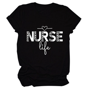 Detail of NURSE life print with leopard pattern and heart on black cotton T-shirt