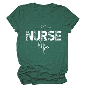 Detail of NURSE Life leopard print graphic on dark green cotton crewneck t-shirt