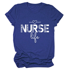 Detailed view of NURSE Life leopard print lettering on a royal blue crew neck T-shirt