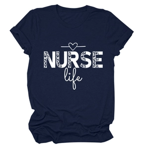 Detail of NURSE Life leopard print graphic on navy blue crew neck short sleeve t-shirt