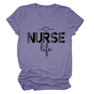 Close-up of NURSE Life slogan with leopard print and heart detail on purple tee