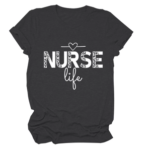 Detail of NURSE Life leopard print lettering on a dark grey charcoal cotton t-shirt