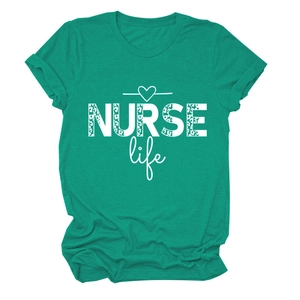 Detail of NURSE Life leopard print lettering and heart graphic on emerald green T-shirt