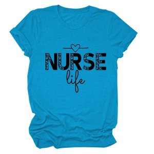 Close-up of NURSE Life leopard print lettering on a turquoise crewneck cotton T-shirt