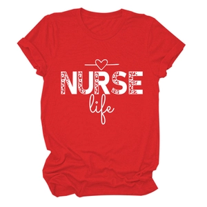 Detail of red cotton T-shirt featuring NURSE Life leopard print graphic and heart design
