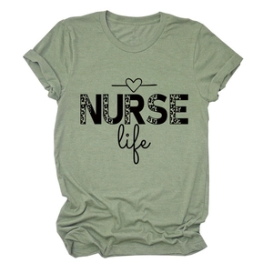 Sage green Nurse Life t-shirt with leopard print letters and crew neck for women