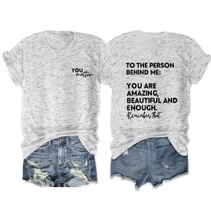 Front and back view of a grey slogan T-shirt with 'YOU matter' print and denim shorts