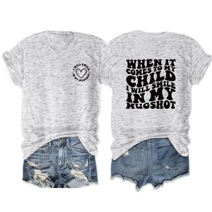 Front and back view of heather grey T-shirt with black graphic text print and heart design