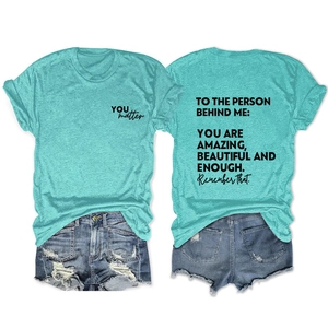 Front and back view of teal t-shirt with YOU matter print and denim shorts outfit