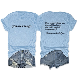 Blue 'you are enough' cotton T-shirt and distressed denim shorts set, front and back views