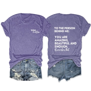 Detailed front and back views of purple T-shirt with YOU matter motivational slogan