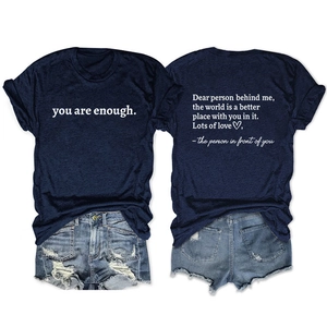 Navy blue crewneck T-shirt with inspirational quotes and ripped denim shorts set