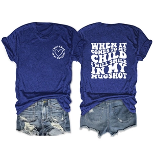 Front and back detail of dark blue cotton T-shirt with white smile mugshot typography