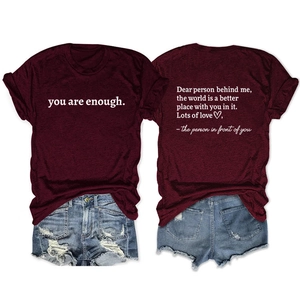 Burgundy round neck T-shirt with 'Dear person behind me' quote and denim shorts set