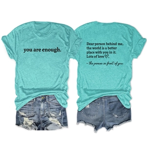 Front and back view of teal short sleeve T-shirt with inspirational quotes and denim shorts
