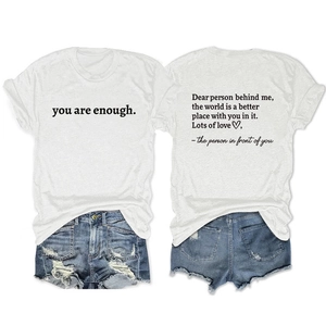 Detail view of white cotton T-shirt with 'Dear person behind me' back print and denim shorts