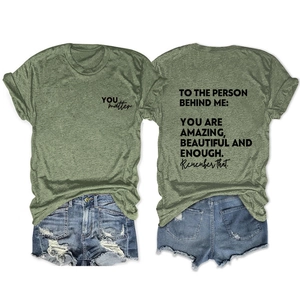 Women's crewneck T-shirt and denim shorts set with positive quote back print