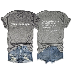 Front and back view of gray short sleeve T-shirt with inspirational print and denim shorts