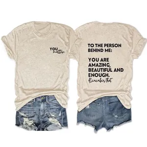 Women's Casual Cotton Blend T-Shirt Round Neck Loose Fit Front Back Inspirational Letter Graphic Print Short Sleeve Top