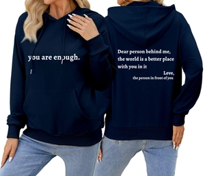 Sweat à capuche bleu marine avec imprimé 'you are enough' devant et texte au dos