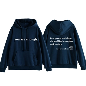 Vues avant et arrière du sweat à capuche bleu marine avec texte imprimé you are enough