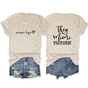 Front and back detail of Mimi Life print t-shirt and distressed denim shorts