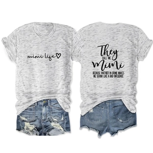 Front and back detail of Mimi Life print t-shirt paired with ripped denim shorts