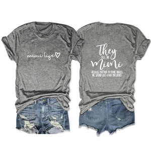 Flat lay of gray Mimi Life T-shirt and distressed blue denim shorts front and back view