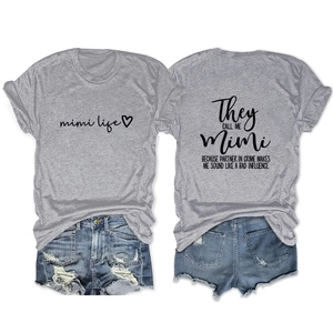 Flat lay of gray Mimi Life T-shirt and distressed denim shorts showing front and back design