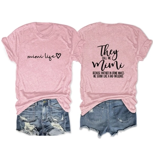 Detail showing front mimi life print and back slogan of pink crewneck t-shirt