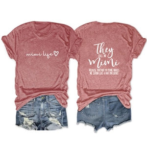Front and back detail of Heather Red Mimi Life T-shirt and ripped denim shorts set