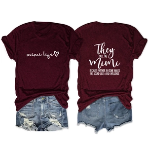 Front and back view of maroon Mimi Life t-shirt with script text and heart graphic
