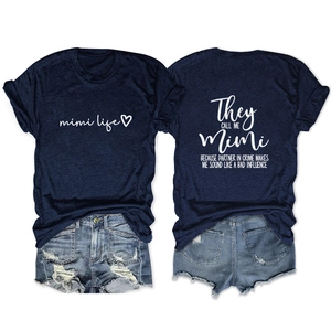Flat lay of navy Mimi Life t-shirt and frayed denim shorts showing front and back design