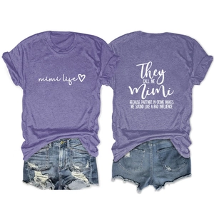 Detail of Mimi Life purple t-shirt showing front and back prints with denim shorts